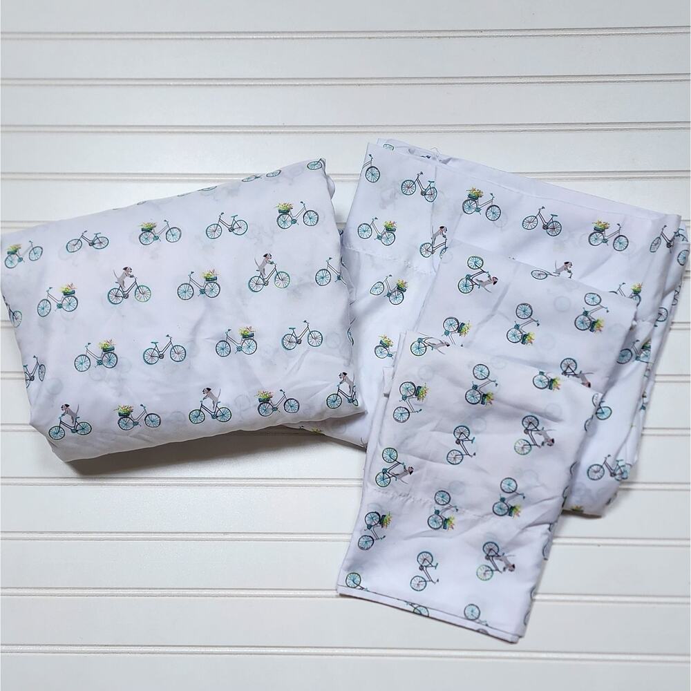 London Kaye 4Pc Queen Sheet Set White Floral Bicycle Dogs Print
